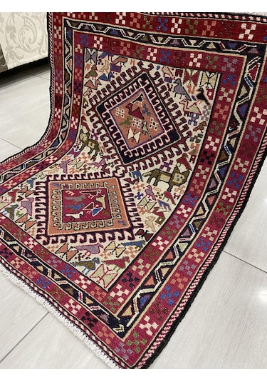 El Dokuma Şahseven Kilimi 84X100 Aslan Figürlü %100 Yün Kilim ! Kırmızı