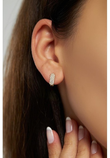 Zirkon Taşlı Gold J Klips Minimal Gümüş Küpe