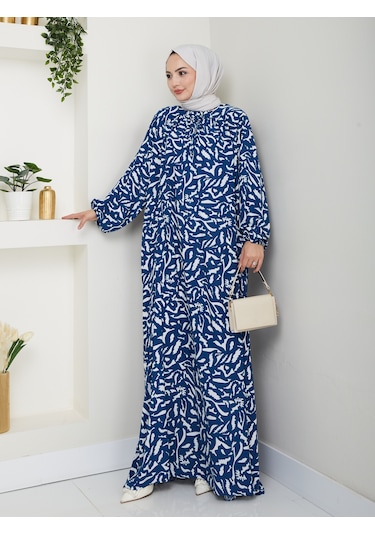 Desenli Önü Büzgülü Viskon Elbise - Mavi / E0131 Mavi