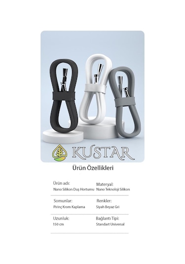 Kustar Nano Silikon Patlamaz Yırtılmaz Ezilmez Duş Hortumu 150 Cm Gri Banyo Duş Hortumu Krom