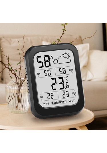Youtek Siyah Ev İç Sıcaklık Nem Ölçer - 10 Saniye Güncelleme - Büyük Lcd Ekran - Hava Durumu Gösterimi - Dahili Pil