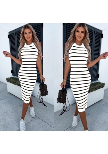 Kadın Halter Yaka Kolsuz Çizgi Desenli Triko Elbise Beyaz