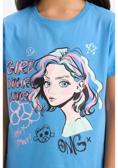 DeFacto Kız Çocuk Bisiklet Yaka Baskılı Kısa Kollu Tişört E0350A825SMBE339 Mavi