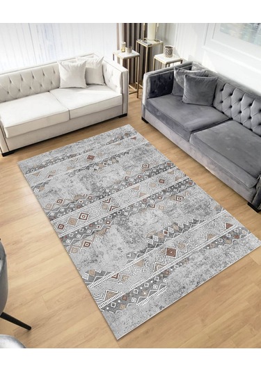 Gri Dijital Baskı Salon Halısı Kaymaz Tabanlı Yıkanabilir Halı Yolluk 533 Gri