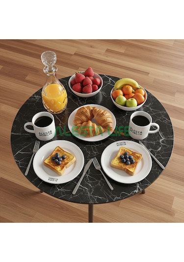 70 Cm Çap - Siyah Desenli Katlanabilir Yer Sofrası Hamur Açma Tahtası Oyun Masası - 21 Cm Yükseklik Siyah Mermer Desenli
