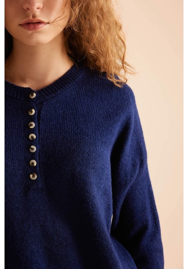 DeFacto Oversize Geniş Kalıp Düğmeli Yaka Triko Kazak D4913AXNSNV131 Lacivert