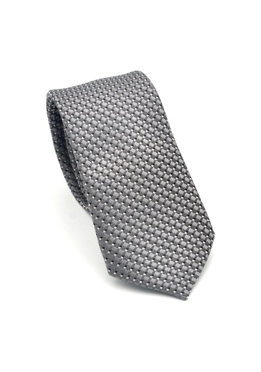 Beyaz Küçük Kare Desenli Gri Dokuma Kumaş Mendilli Slim Fit Kravat // Sdk-2511-4 Gri