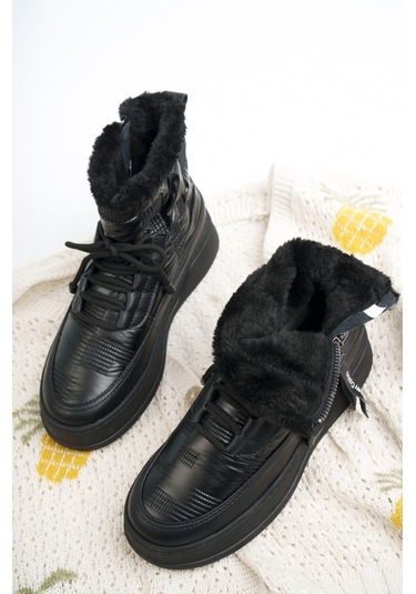 Khayt Violetta Su Geçirmez Kürklü Fermuarlı Kadın Kar Bott Siyah