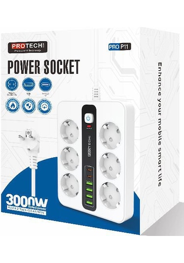 3000w Akım Korumalı 4 Usb'li Ve 2 Type-c Li 6'lı Grup Priz 2 M Uzatma Kablosu Beyaz 2 M