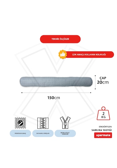 Xpermate Sarılma Yastığı Bacak Arası Yastığı Silindir 150cm Gri