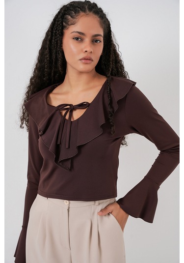 Kadın Uzun Kol Crop Bluz 979 - Kahverengi Kahverengi