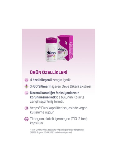Sidrex Milk Thistle Complex Deve Dikeni Ekstresi ve Enginar Ekstresi İçeren Takviye Edici Gıda 60 Kapsül