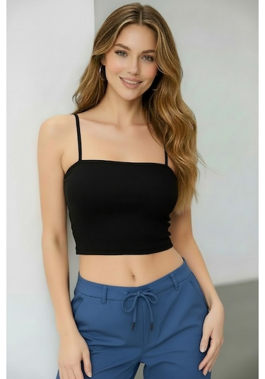 Fb Sister İp Askılı Fitted Fitilli Crop - Siyah Siyah