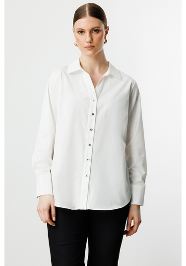 Ekol Kadın Büyük Beden Polo Yaka Gömlek 3506 Ekru Ekru