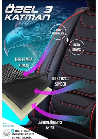 Kia Sportage Yeni Lüx Deri Oto Koltuk Kılıfı Ön Arka Takım Antalya Serisi Siyah Kırmızı
