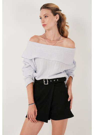 Lela Oversize Fit Madonna Yaka Triko Bayan Kazak 4615216 Açık Gri