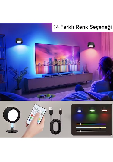 Greentech 14 Renk Dokunmatik 360 Dönebilen Magnetli Şarjlı Led Aplik - 2 Adet / Gt-cl21 Siyah
