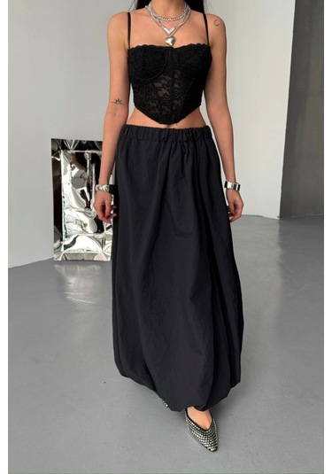 Bel Lastikli Balon Etek Şanel Boy Soft Kumaş - Siyah Siyah