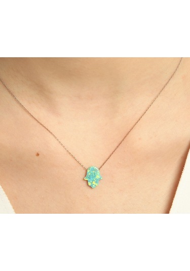 Opal Kolye Yeşil Opal Taşlı Fatma Ana Eli Gümüş Kolye Sevgiliye H