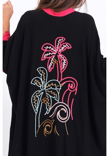 Kadın Siyah Sırtı Palmiye Nakışlı Yarasa Kol Oversize Uzun Elbise - Sıyah