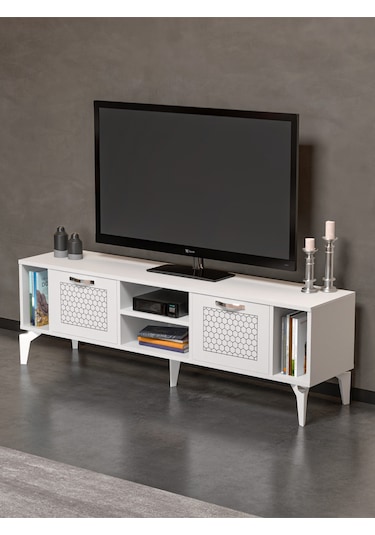 Tv Sehpası 160 Cm Modern Çok Amaçlı Dolaplı Raflı Televizyon Ünitesi Linya Gümüş Beyaz