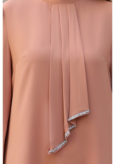 Işıltı Taş Detaylı Büyük Beden Tesettür Takım Camel