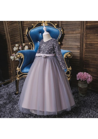 Mashotrend Gri Zara Payetli Çocuk Abiye - Kız Çocuk Elbise Gri