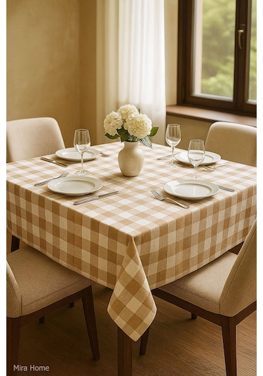 Mira Home Kareli Masa Örtüsü Sofra Bezi 160x160 Cm Happytime Bej