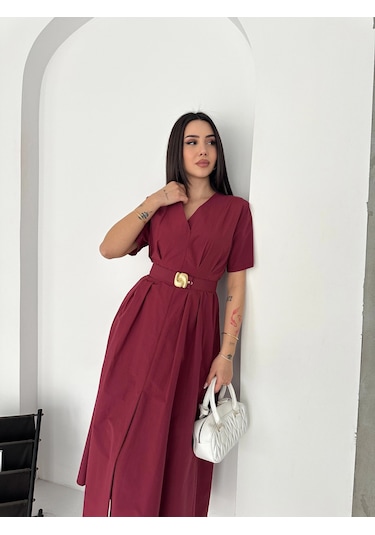 Belden Oturtmalı Plılelı Paraşüt Kumaş Elbise Bordo