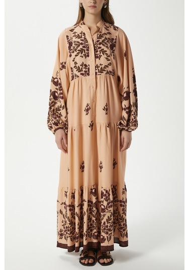 Modest Rosabella Pudra Kadın %100 Viskon Maksi Boy Katlı Balon Kol Uzun Yazlık Elbise Pudrasiyah