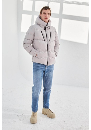 Delpino Su Ve Rüzgar Geçirmez Kapüşonlu Şişme Taş Erkek Mont 2183 Taş