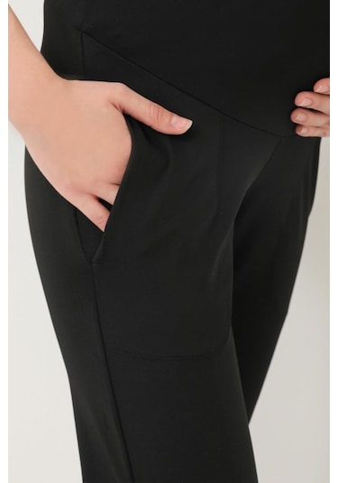 Siyah Esnek Yüksek Bel Çift Cepli Hamile Jogger Eşofman Altı