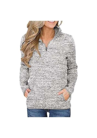 Novahub Bayanlar Sonbahar Kış Cep Kazak Uzun Kollu Standı Yaka Zip Üst Açık Gri Kadın Cep Kazak Üst Açık Gri