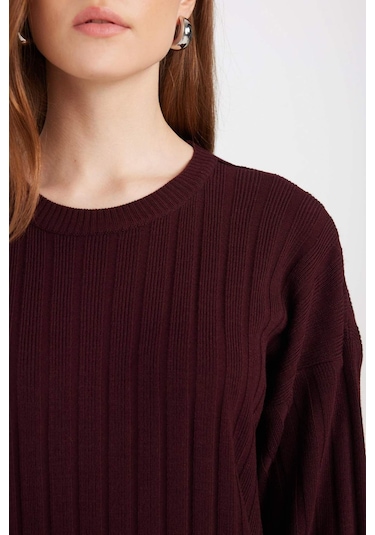 DeFacto Regular Fit Bisiklet Yaka Basic Düz Uzun Kollu Triko Elbise D7510AX24WNBR171 Bordo