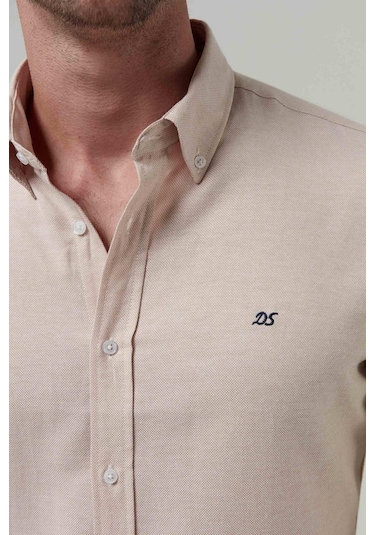 Ds Damat Slim Fit Bej Oxford Düğmeli Yaka Kolay Ütülenebilir Nakış Detaylı Pamuklu Gömlek 4HC02ORT03265 Bej