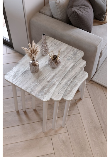 Zuesse Dizayn Beyza 3lü Zigon Sehpa & Yan Sehpa Beyaz Ahşap Ayaklı Salon Seti Çay Sehpası - Kristal