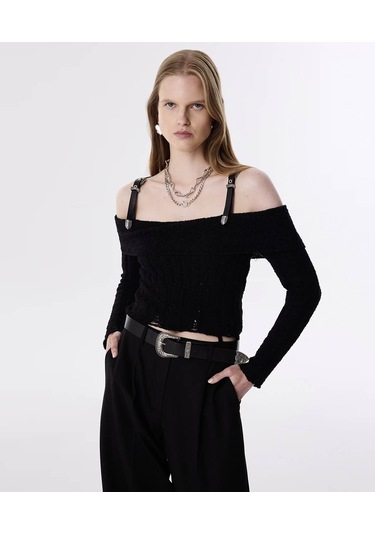 Twist Suni Deri Kemer Askılı Triko Siyah Kadın Kazak Tw6250050192 Siyah