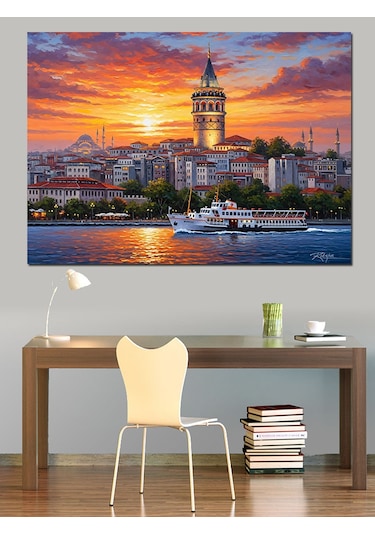 İstanbul Galata Kulesi Günbatımı Dekoratif Kanvas - Mdf Ahşap Tablo