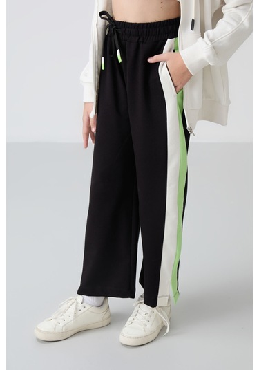 Tommy Life Siyah Yırtmaç Detaylı Cepli Geniş Paça Kız Çocuk Eşofman Alt - 75141 Siyah