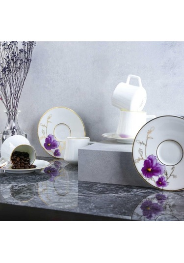 Evaliza Buket Mor 130ml 6 Kişilik Double Kahve Fincan Takımı Mor