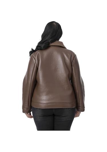 Büyük Beden İçi Kürklü Fermuarlı Yakası Toka Detaylı Kahverengi Deri Mont Kahverengi