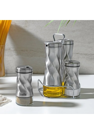 Nehir Burgulu Standlı 4 Parça Paslanmaz Çelik Yağdanlık ve Baharatlık Seti 1
