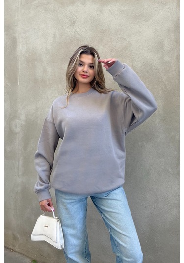 Şeker Pembe Basic Bisiklet Yaka Oversize Sweatshirt Taş