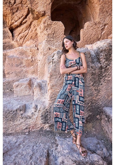 Monamise Kadın Etnik Desenli Tulum 23065-lacivert Lacivert