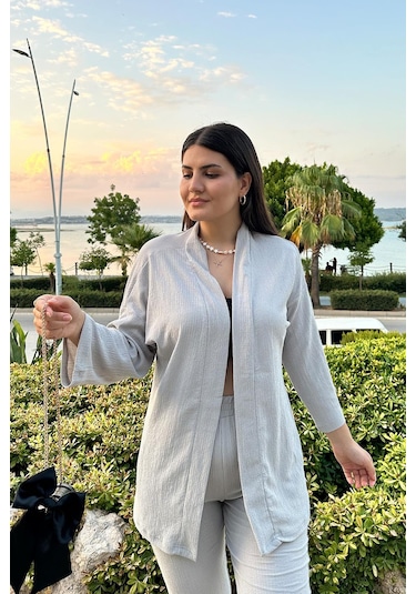 Gri Renk Cep Detaylı Dar Paça Kimono Takım Gri