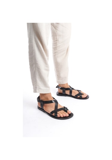 Sur Sandalet El Yapımı Kösele Erkek Bodrum Sandalet Siyah