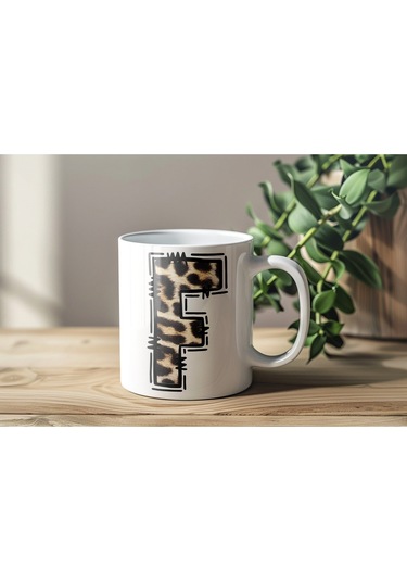 F Baş Harf Leopar Desenli Kupa Bardak - Kişiye Özel Feminen Konsept Hediye - Vahşi Hayvan Desenli Beyaz