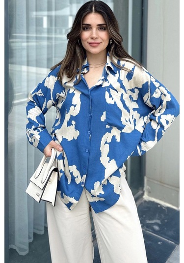 Kadın İndigo Uzun Kol, Arkası Pliseli, Salaş Dökümlü, Viskon Gömlek Indigo