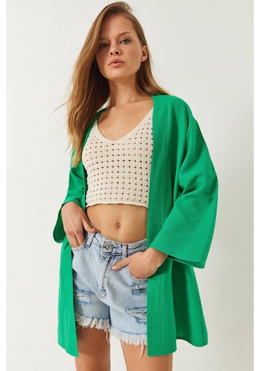 Shade Kadın Keten Dokulu Kısa Basic Kimono 60261496 - Yeşil