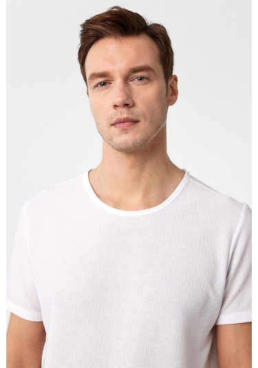 Beyaz Slim Fit Armürlü Bisiklet Yaka Tişört-37259 Beyaz